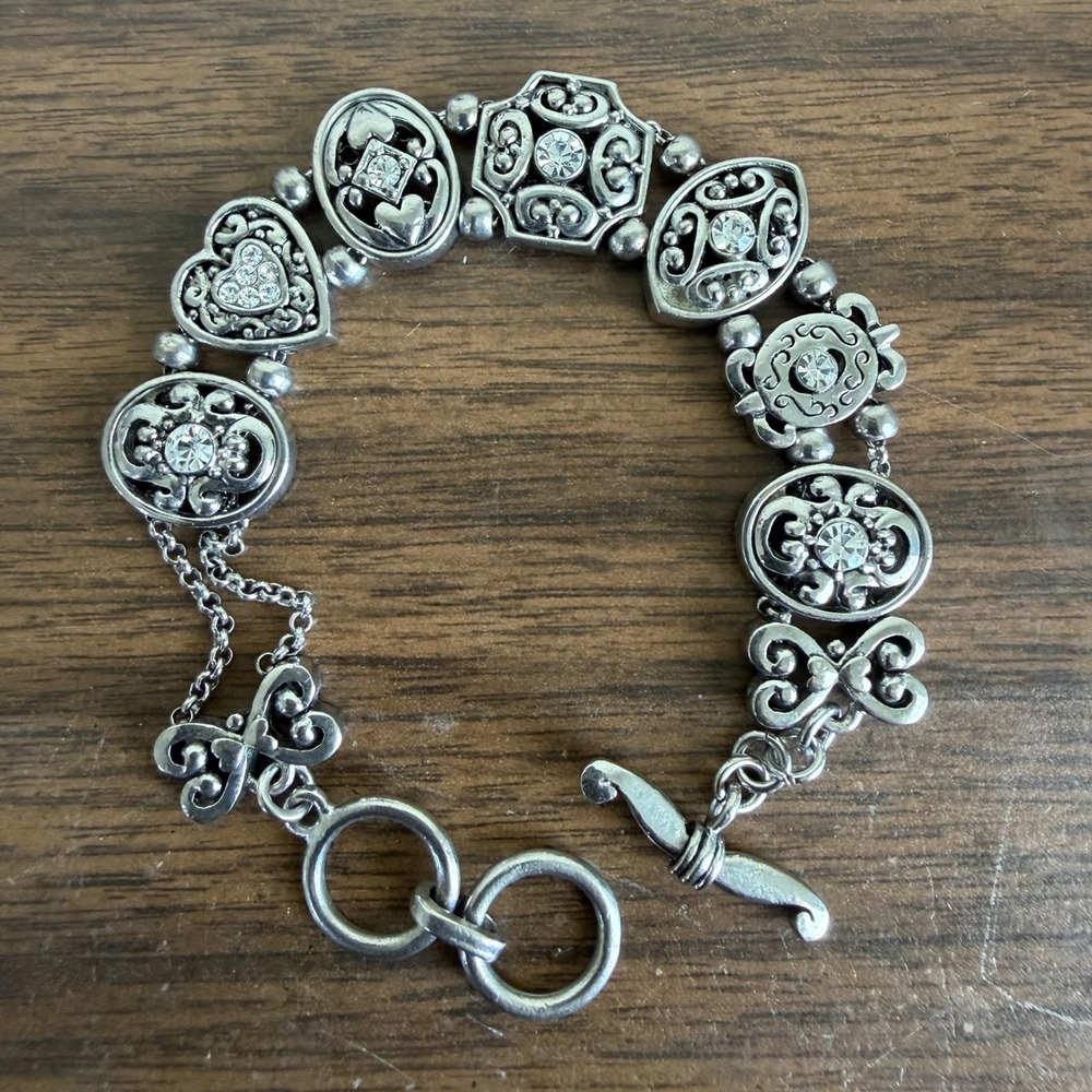 Silver Tone Slide Charm Link Bracelet Crystal Heart Filigree Toggle Western